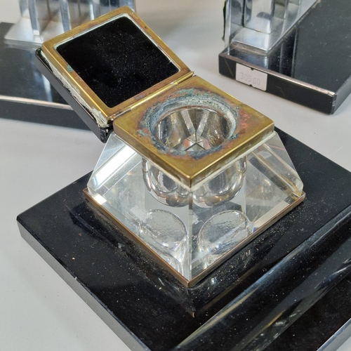 43 - Art Deco design glass desk inkwell, together with a pair of companion chromed metal and black booken... 