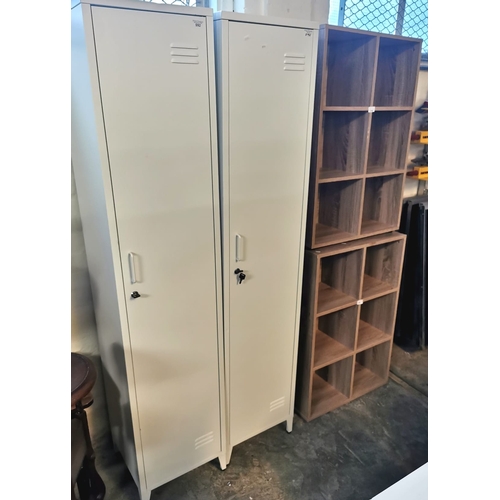 592 - Two modern metal gym type or school lockers with keys, together with a pair of oak finish modern ope... 