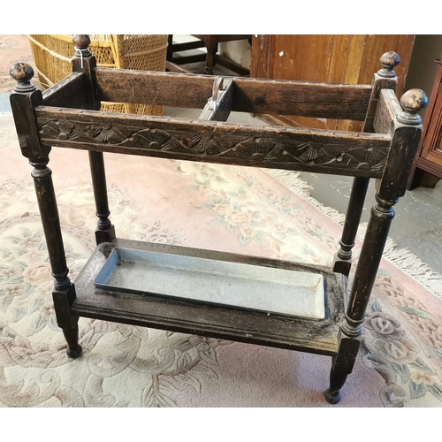 607 - Early 20th century caved oak two section umbrella and stick stand with drip tray. (B.P. 21% + VAT)