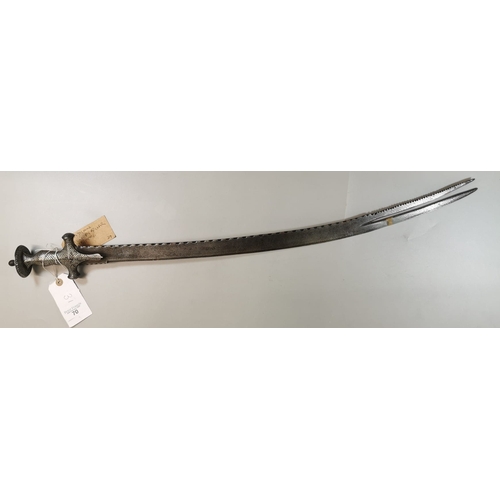 70 - Probably 19th century Indian Zulfiquar ceremonial sword with notched single edged curved blade, havi... 