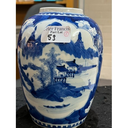 53 - 19th century Chinese porcelain blue and white ovoid vase and cover decorated with reserved landscape... 