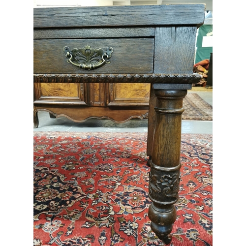 17 - Early 20th century stained oak side/serving table, having two frieze drawers to one side and standin... 