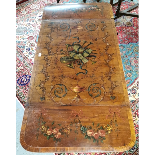 19 - Regency mahogany and satinwood strung inlay and cross banded sofa table, hand-painted with flowers, ... 