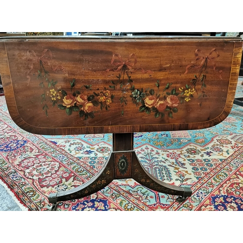 19 - Regency mahogany and satinwood strung inlay and cross banded sofa table, hand-painted with flowers, ... 