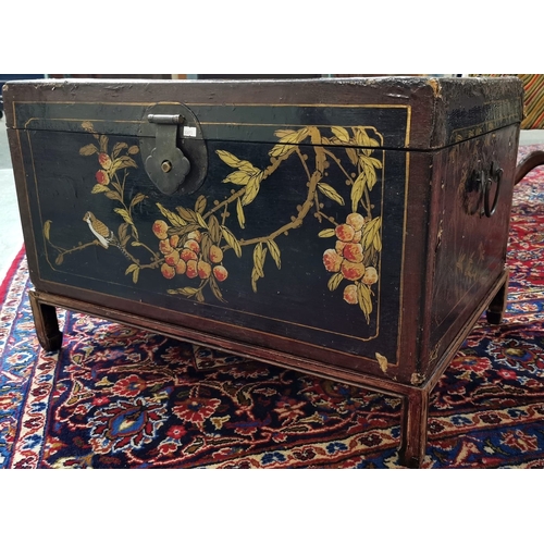 23 - Chinese wooden lacquered and hand-painted trunk, overall decorated with birds amongst foliage and be... 