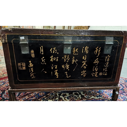 23 - Chinese wooden lacquered and hand-painted trunk, overall decorated with birds amongst foliage and be... 