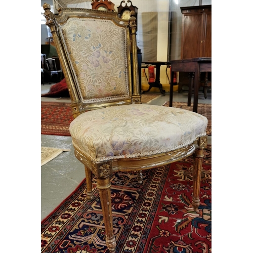 24 - Pair of Louis XV style cream and gilded gold gesso chairs, the frame having pierced foliate decorati... 