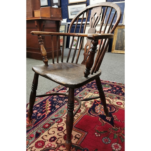 32 - 19th century, elm, ash and beech splat and spindle back Windsor armchair, having solid moulded seat ... 