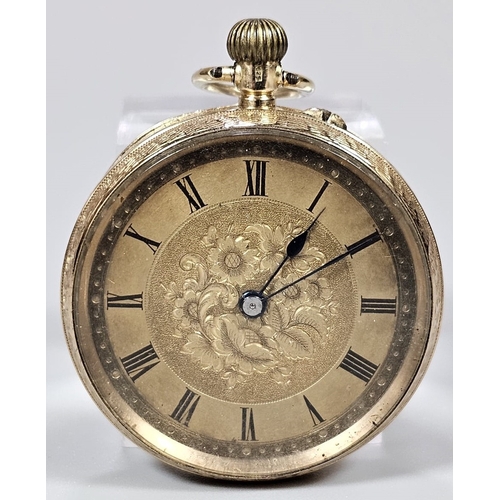 451 - 15ct gold 19th century fancy key wind fob watch, having engine turned Roman face and folate engraved... 