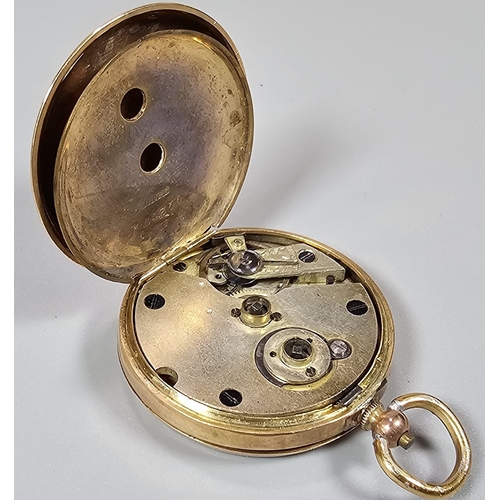 452 - 14ct gold outer cased 19th century key wind fancy fob watch, with engine turned Roman face and folia... 