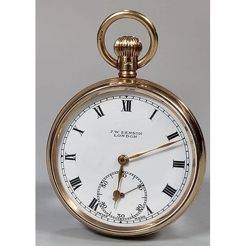 453 - 9ct gold open faced keyless lever pocket watch by J W Benson of London, having Roman white enamel fa... 