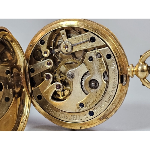 454 - 18ct gold 19th century open faced keyless lever pocket watch, the movement marked Thomas Russel & So... 