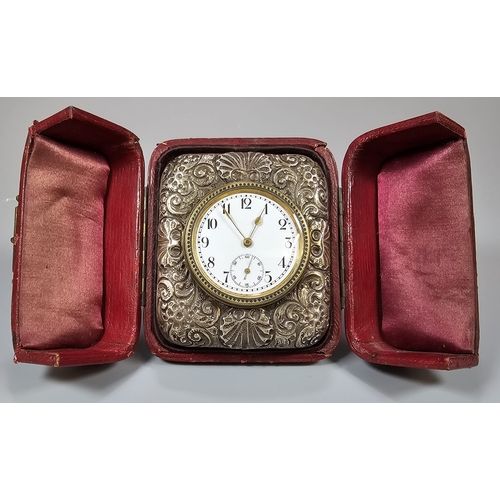 455 - 19th century silver cased brass travelling clock, having repoussé foliate decoration, white enamel A... 