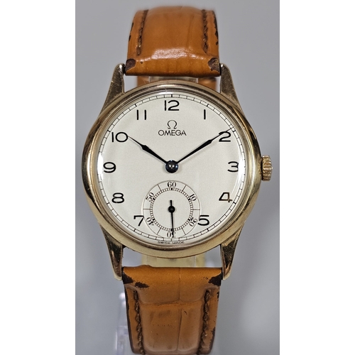 462 - 9ct gold mid century gentleman's Omega wristwatch, having satin face with Arabic numerals and second... 