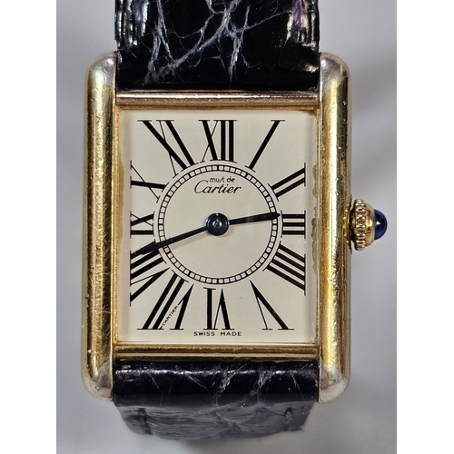 467 - Gold plated on silver Cartier gentleman's quartz Tank wristwatch, having Roman rectangular face, wit... 