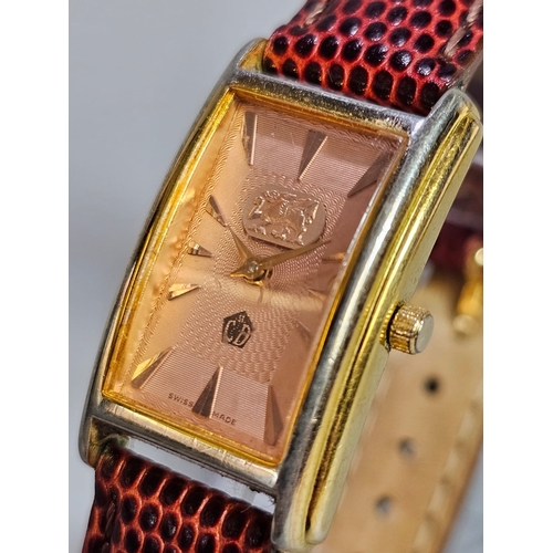 468 - Clogau gold plated ladies' tank style wristwatch, with Baton numerals on leather strap. Original Clo... 