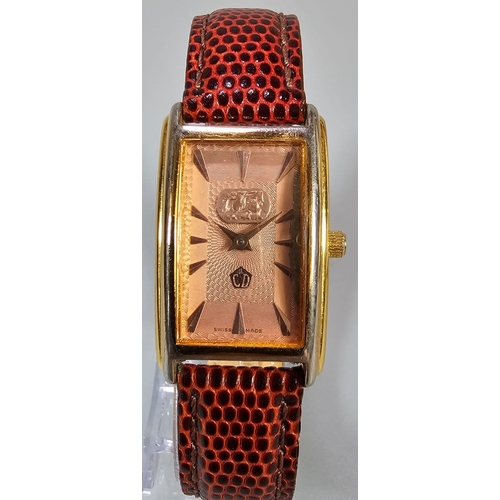 468 - Clogau gold plated ladies' tank style wristwatch, with Baton numerals on leather strap. Original Clo... 