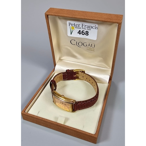 468 - Clogau gold plated ladies' tank style wristwatch, with Baton numerals on leather strap. Original Clo... 