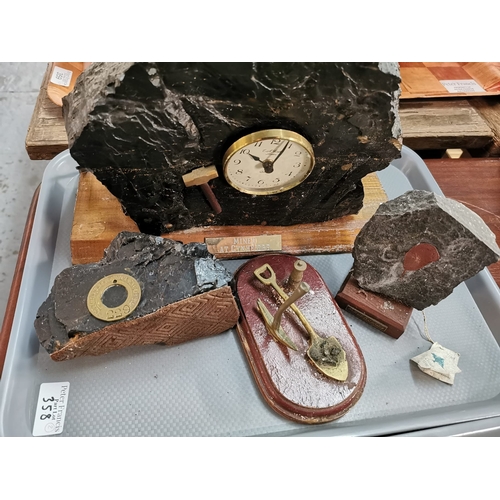 Small collection of Mining memorabilia to include: coal mantel clock ...