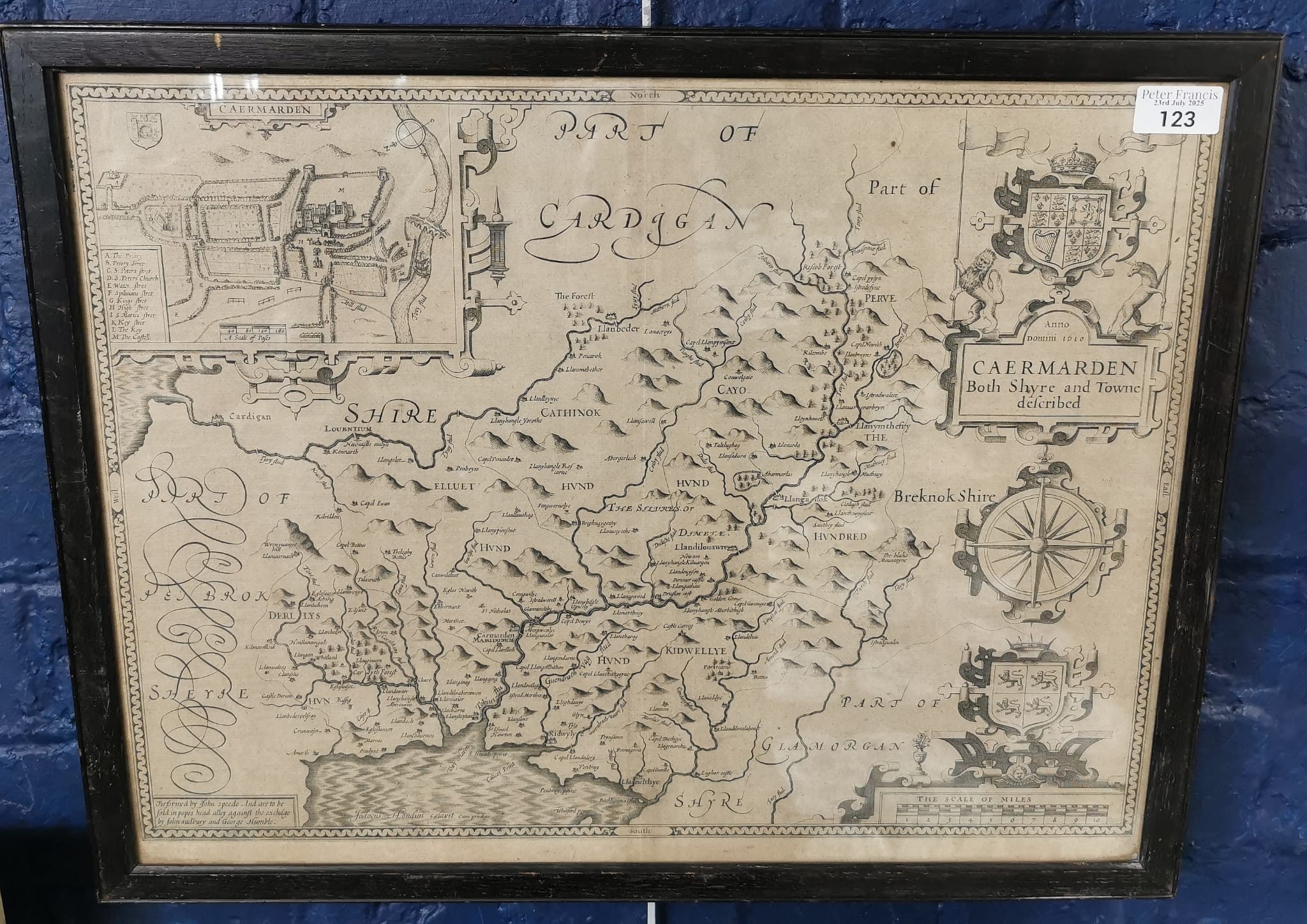 John Speede, original uncoloured map of 'Caermarden' (Carmarthen ...