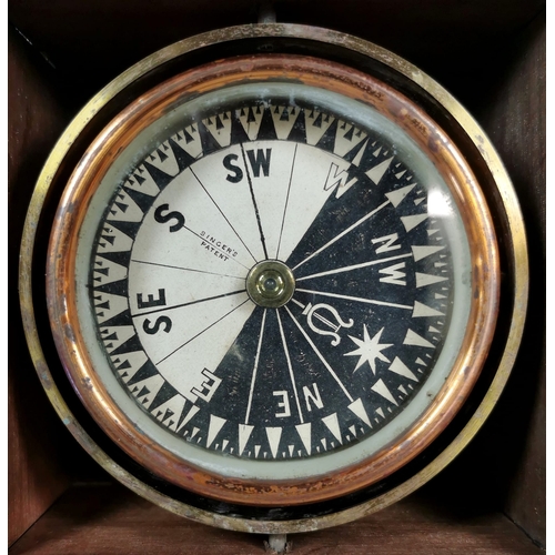 Singer's patent, a brass and copper gimballed compass in mahogany box ...