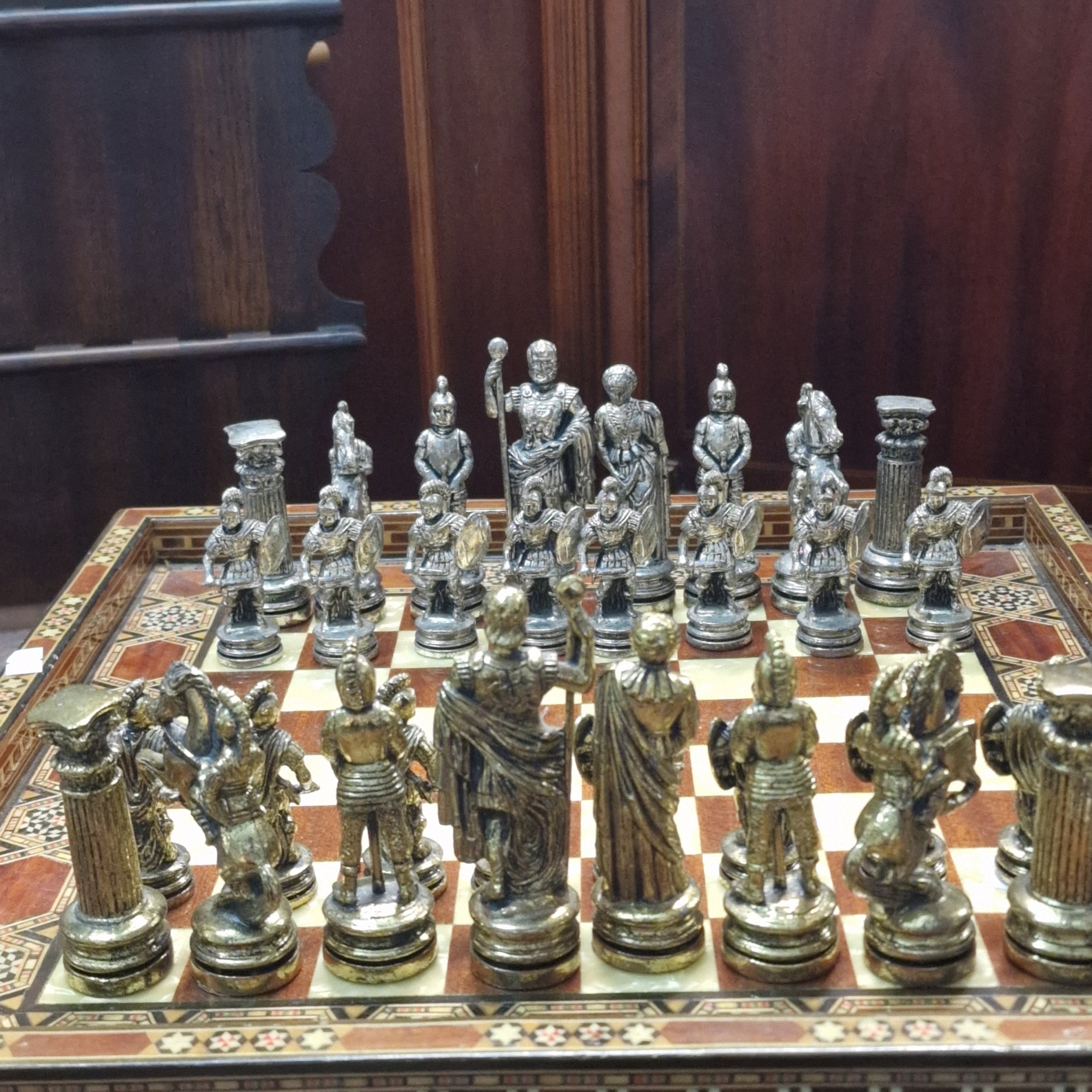 Modern Moorish style wooden inlaid chess set, with pullout drawers and ...