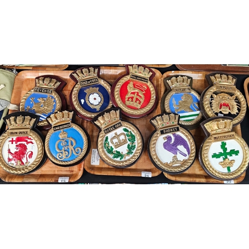 Three trays of Royal Navy ships' crests, including HMS King George V ...