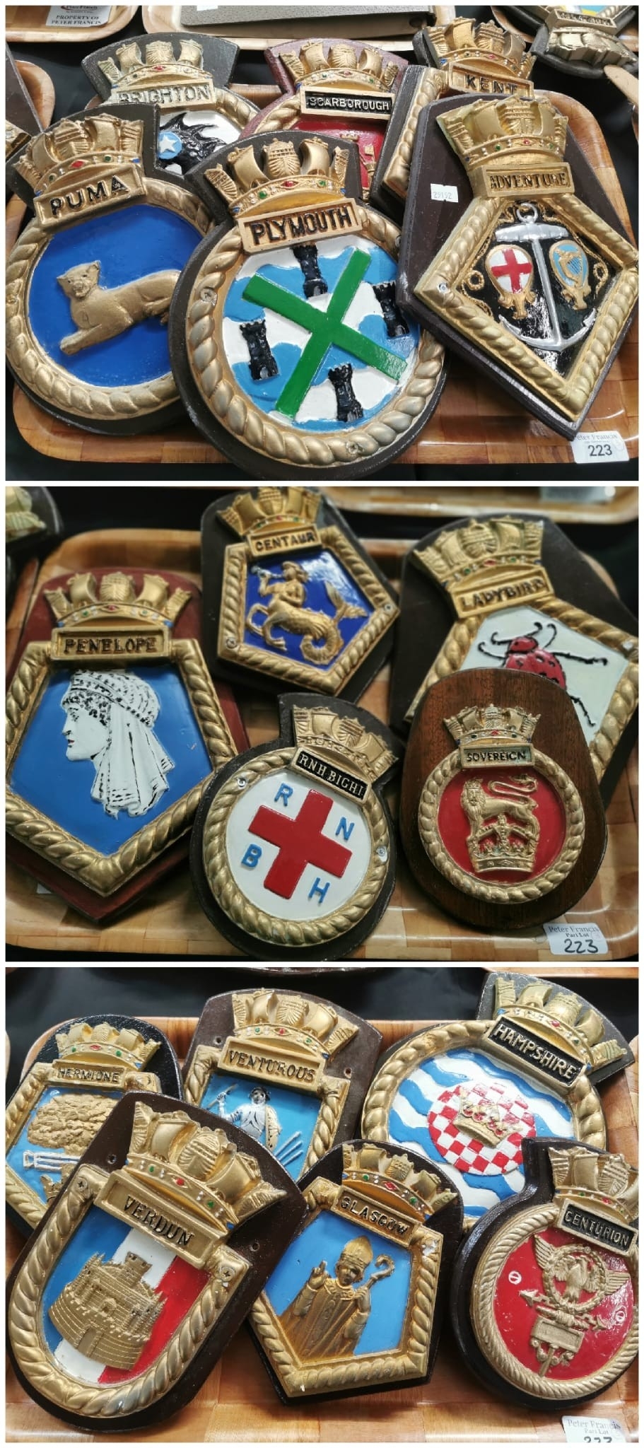Three trays of Royal Navy ship’s crests, including HMS Centaur, RNH ...