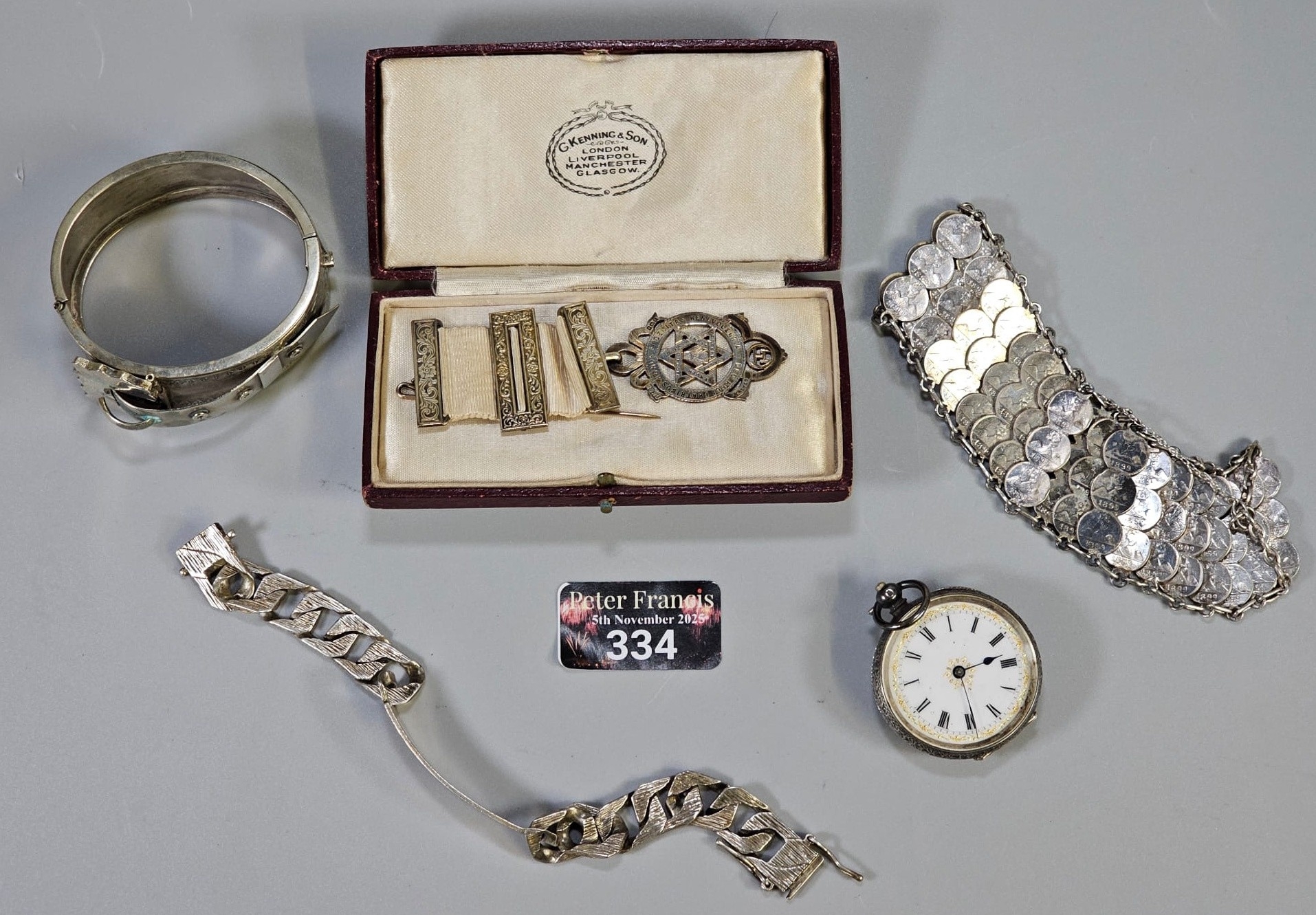 Collection of assorted silver items to include: small silver fob watch ...