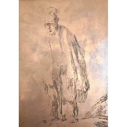 After Rembrandt (Van Rijn, 1606-1669), 'The Beggar in a tall cap, leaning on a stick', etched copper plate. A previously unrecorded third copy of this etching after Rembrandt (originally only two known), now authenticated for inclusion in the latest seven volume catalogue raisonne of Rembrandt etchings. See correspondence from 'Museum Rembrandt Huis' , Amsterdam and other correspondence. 15.2x10.7cm approx. (B.P. 21% + VAT)