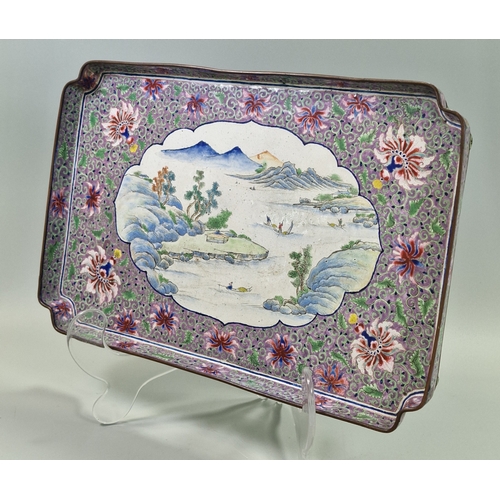Chinese Canton Imperial purple enamel and bronze tray, featuring a central panel with a figural landscape scene, framed by a border of floral and foliate scrollwork. Qing Dynasty, Qianlong period circa 1780. 36x22.5cm approx. (B.P. 21% + VAT)