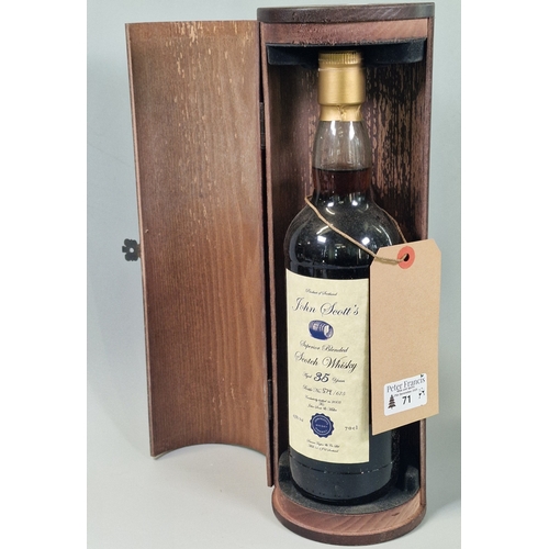 Bottle of John Scott's Superior Blended Scotch Whiskey, aged 35 years, bottle No. 579/675, exclusively bottled in 2003, 70cl, in bow front wooden presentation case. (B.P. 21% + VAT)