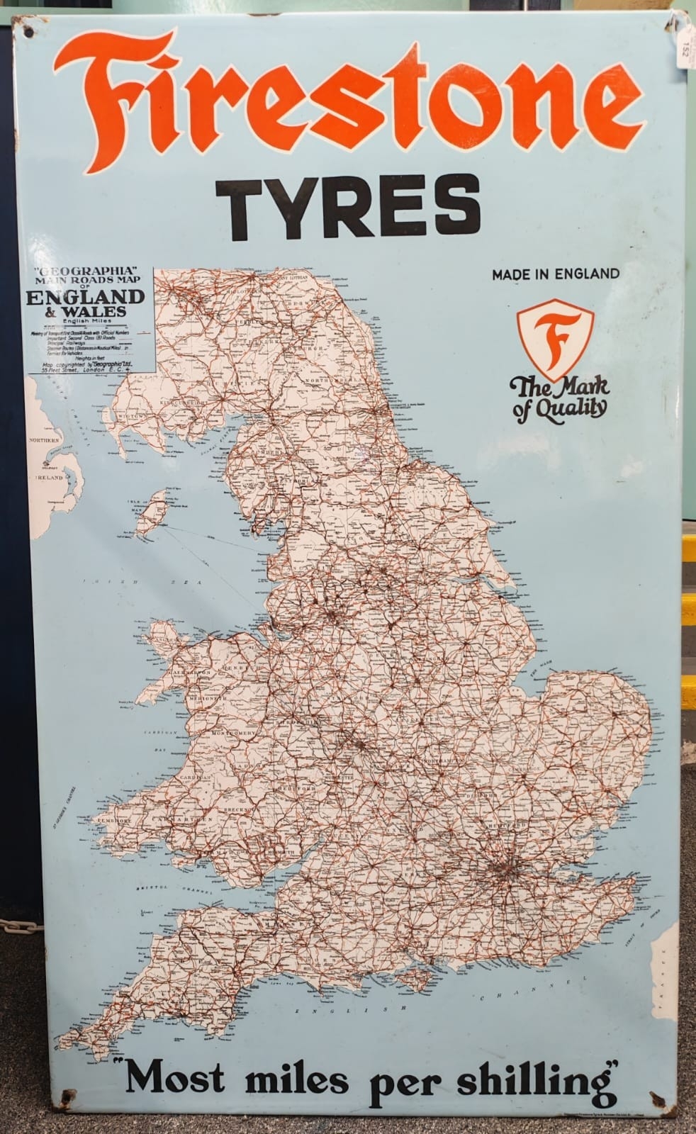 Firestone Tyres metal enamelled single sided map of England and Wales ...