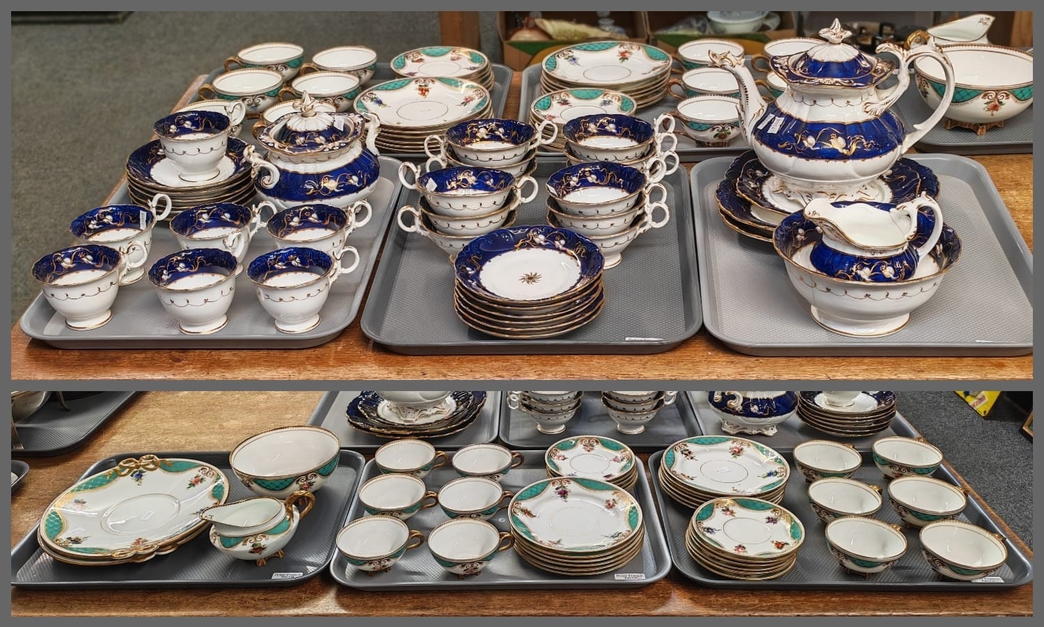 Three trays of 19th century porcelain tea ware in Neo Rococo style ...