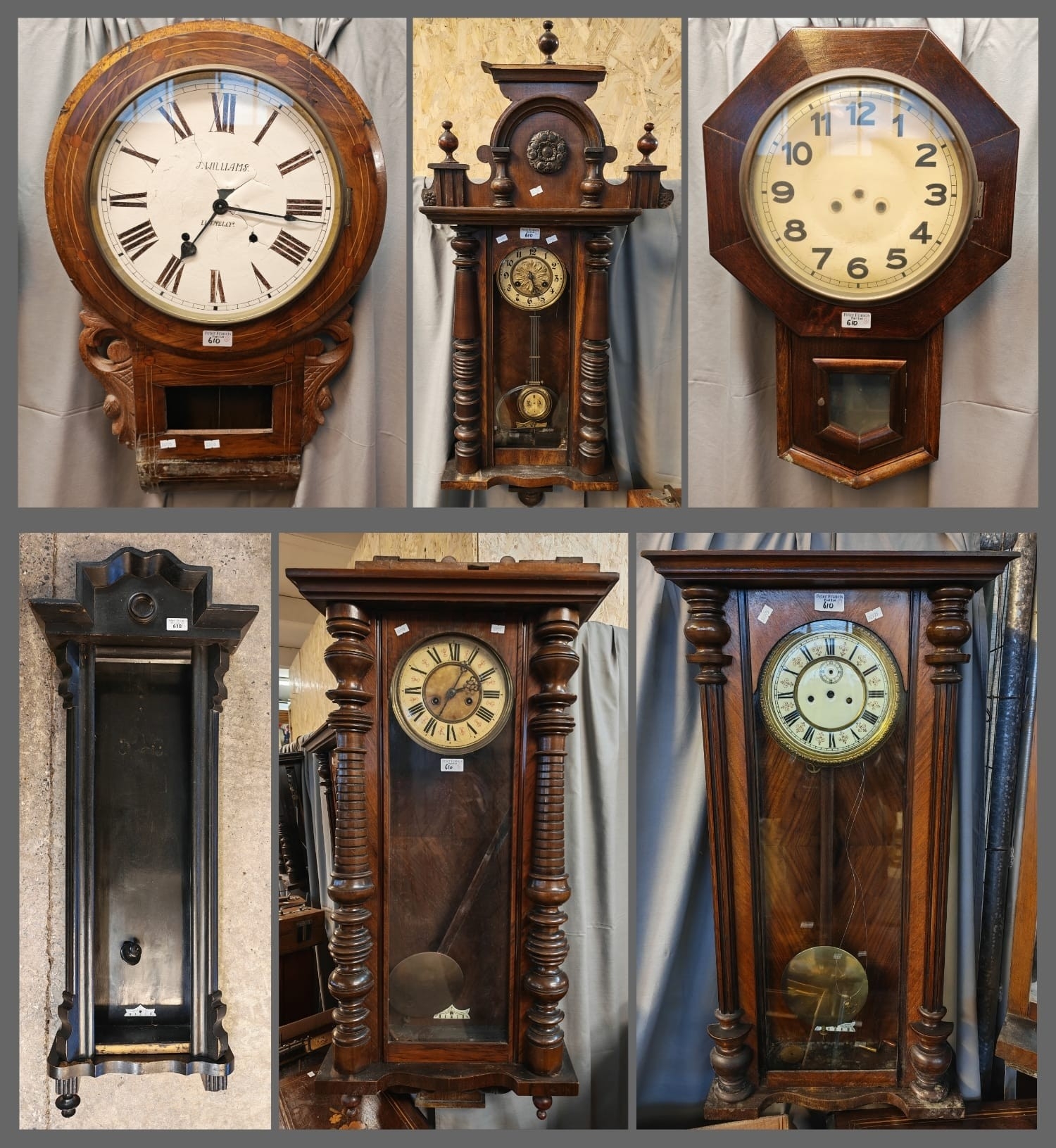 Group of six wall clocks for parts or restoration, including two drop ...