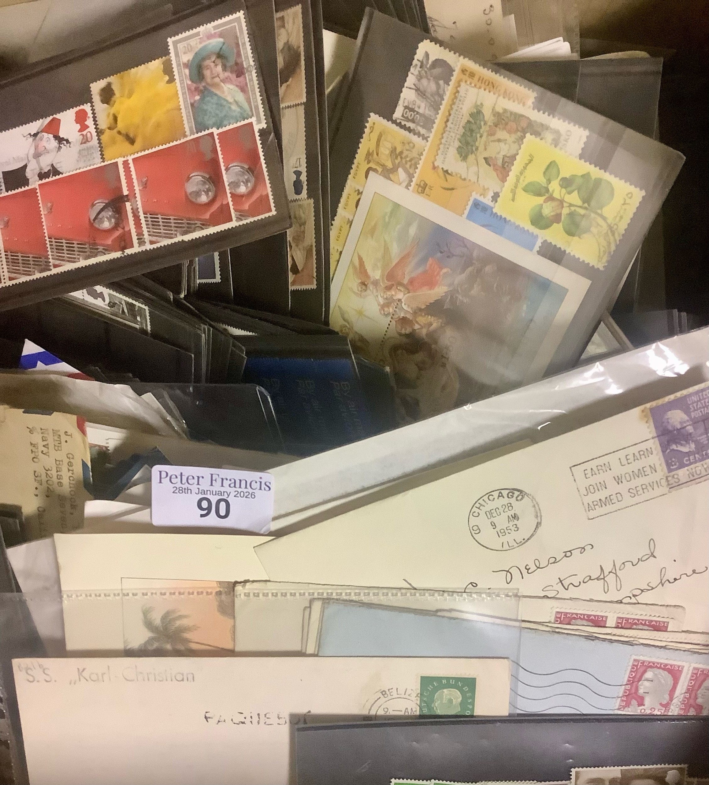 Large box of all world stamps on pages & cards plus range of First Day ...