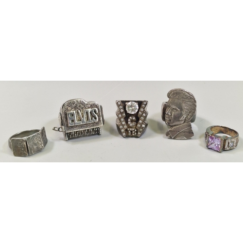Collection of novelty white metal and other Elvis Presley chunky rings ...
