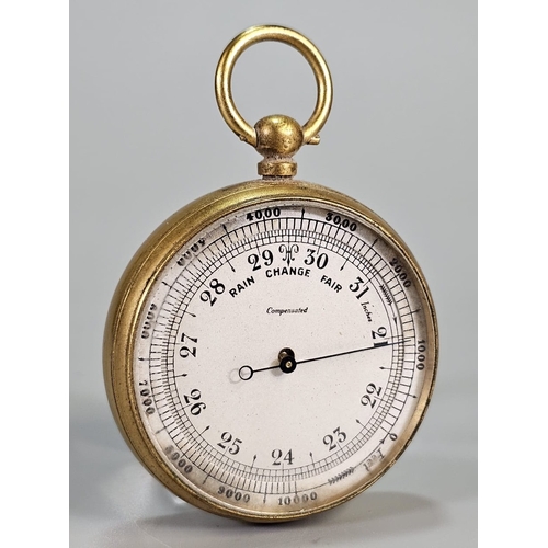 Gilt metal pocket barometer, in fitted hinged leather case. 46mm ...