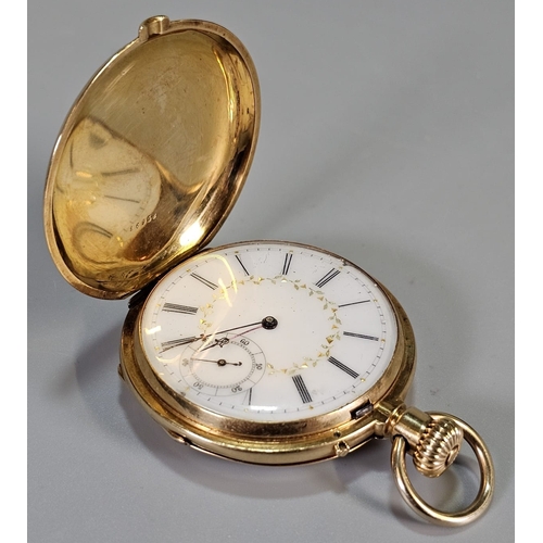 325 - Continental (Probably French) 18ct gold full hunter keyless lever pocket watch, with engine turned o...