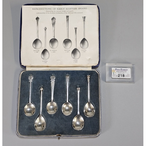 A set of 6 cased silver spoons, reproductions of early Scottish spoons ...