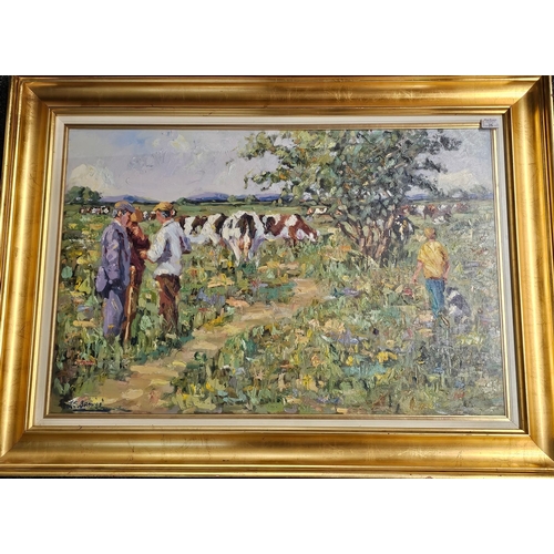 25 - James S Brohan (Irish born 1952), figures in a sunlit meadow with cattle and distant landscape, sign... 