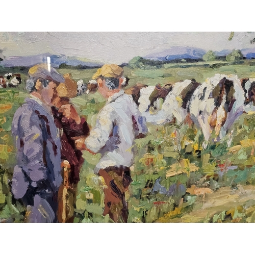 25 - James S Brohan (Irish born 1952), figures in a sunlit meadow with cattle and distant landscape, sign... 