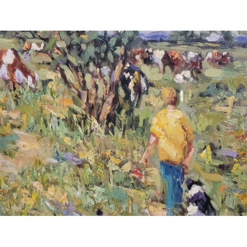 25 - James S Brohan (Irish born 1952), figures in a sunlit meadow with cattle and distant landscape, sign... 