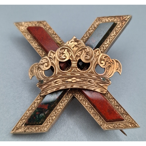 290 - Victorian yellow metal brooch featuring Scottish Saltire Cross motif with coloured agate and bloodst...