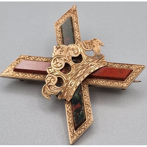 290 - Victorian yellow metal brooch featuring Scottish Saltire Cross motif with coloured agate and bloodst... 
