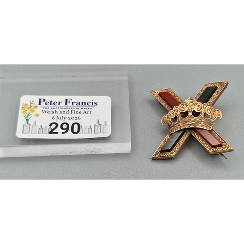 290 - Victorian yellow metal brooch featuring Scottish Saltire Cross motif with coloured agate and bloodst... 