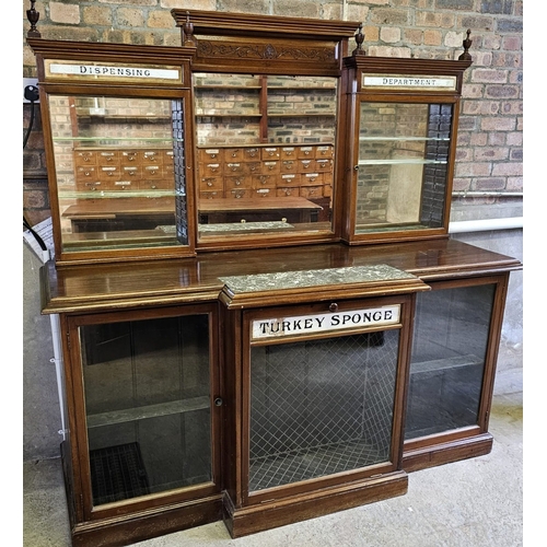 512 - Late Victorian mahogany break front chemist shop display cabinet, marked Dispensing Department and f...