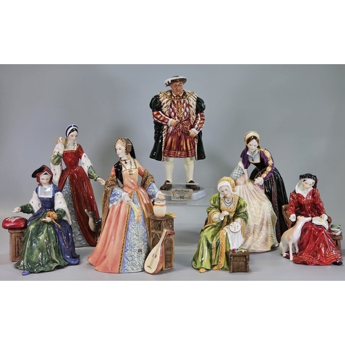 90 - Collection of Royal Doulton bone China figurines of Henry VIII and his wives to include Anne Boleyn,...