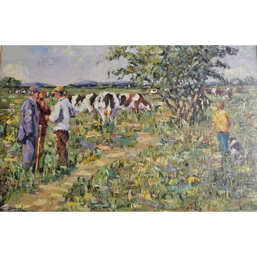 25 - James S Brohan (Irish born 1952), figures in a sunlit meadow with cattle and distant landscape, sign...