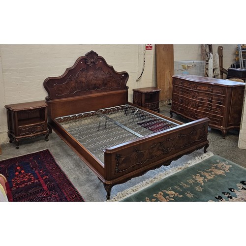 648 - French style walnut double bed with scrolled arched headboard and sprung base, together with pair of...